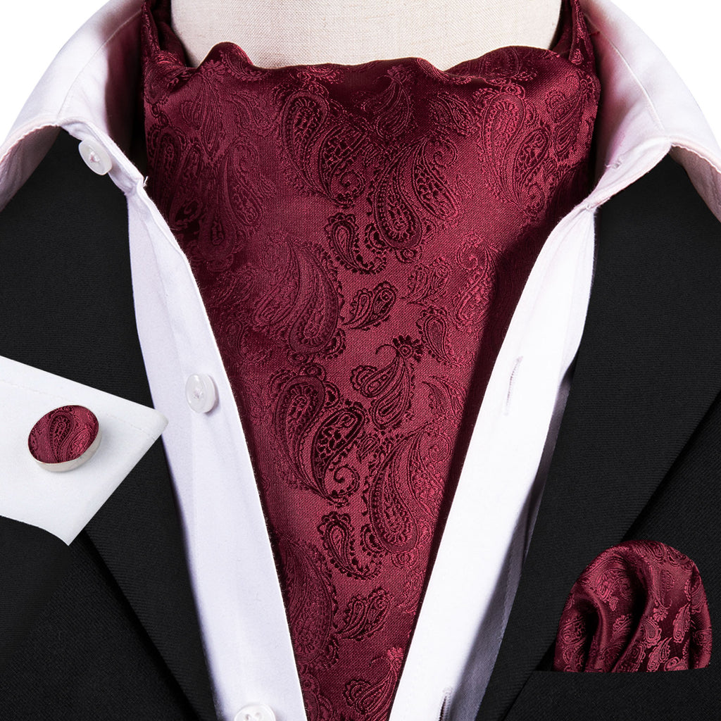 Deep Red Paisley Ascot, Pocket Square and Cufflinks ascot - Sophisticated Gentlemen