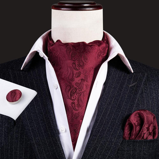Deep Red Paisley Ascot, Pocket Square and Cufflinks ascot    - Sophisticated Gentlemen