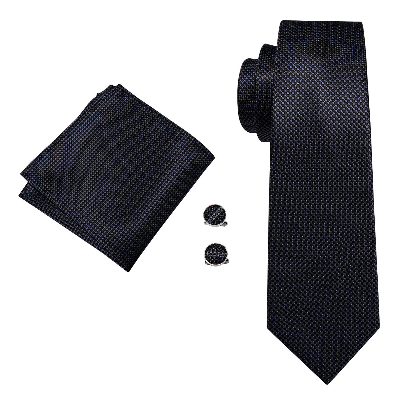 Black Micro-Textured Silk Tie, Pocket Square & Cufflinks Set