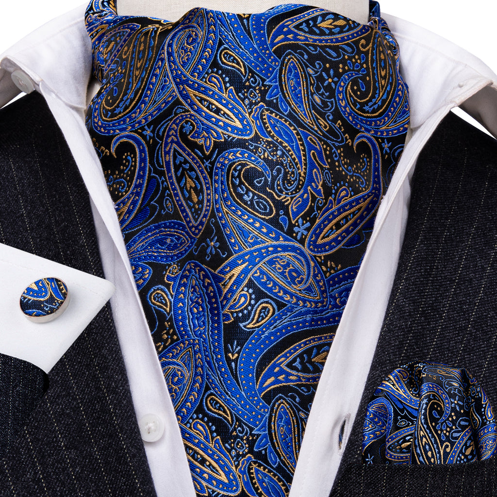 Blue Paisley Ascot, Pocket Square and Cufflinks ascot - Sophisticated Gentlemen