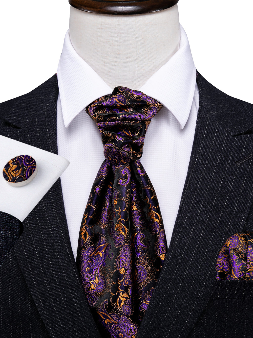 Black Golden Paisley Ascot, Pocket Square and Cufflinks ascot - Sophisticated Gentlemen