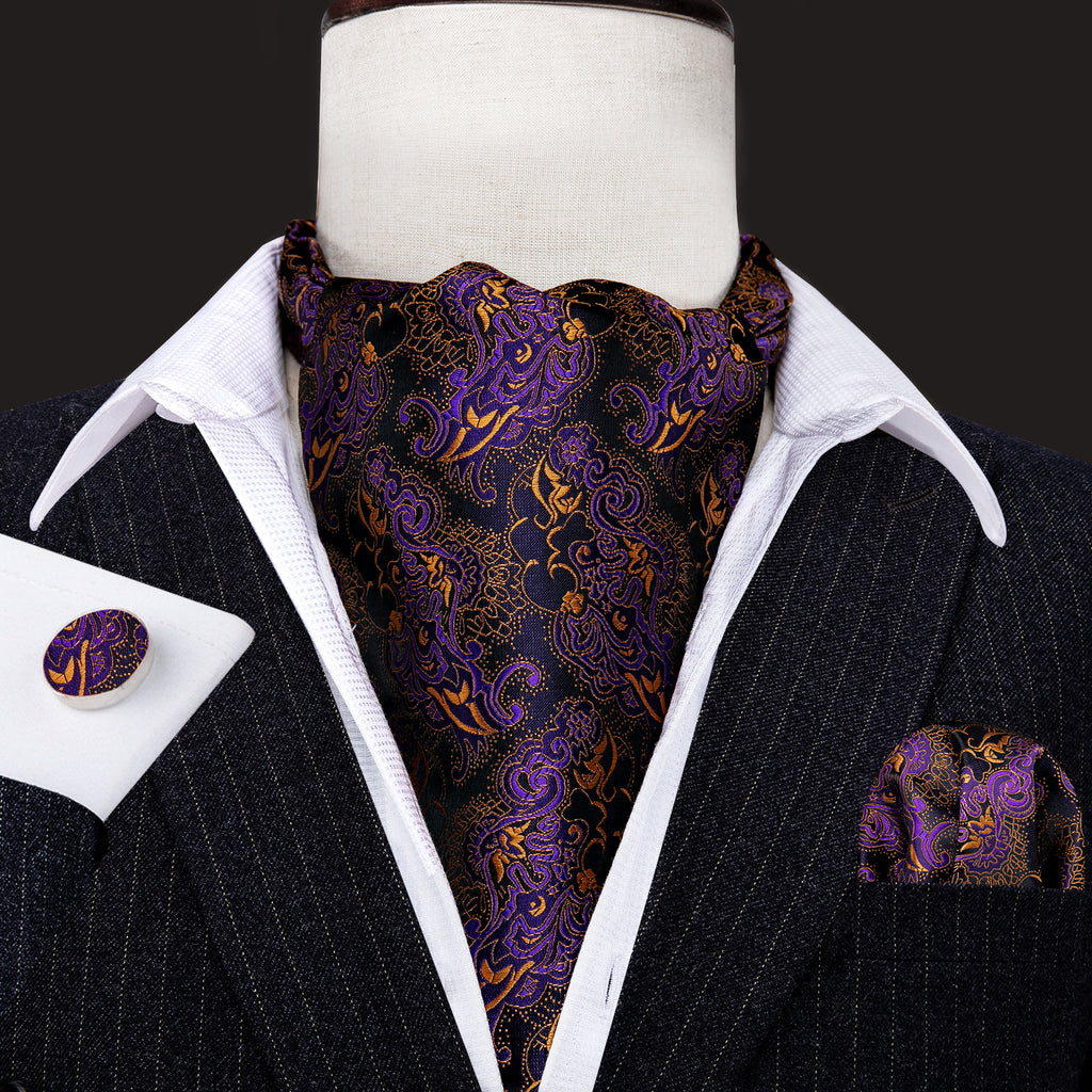 Black Golden Paisley Ascot, Pocket Square and Cufflinks ascot - Sophisticated Gentlemen