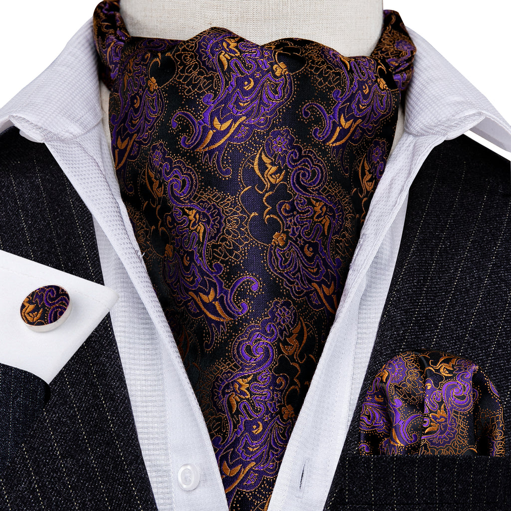 Black Golden Paisley Ascot, Pocket Square and Cufflinks ascot - Sophisticated Gentlemen