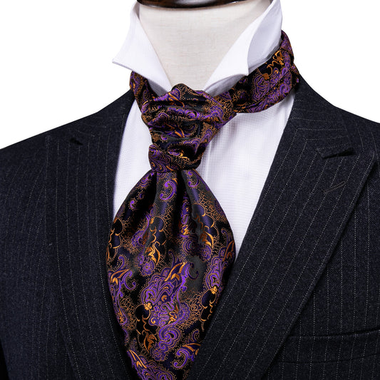 Black Golden Paisley Ascot, Pocket Square and Cufflinks ascot - Sophisticated Gentlemen