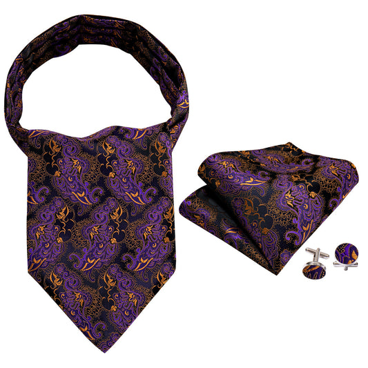 Black Golden Paisley Ascot, Pocket Square and Cufflinks ascot - Sophisticated Gentlemen