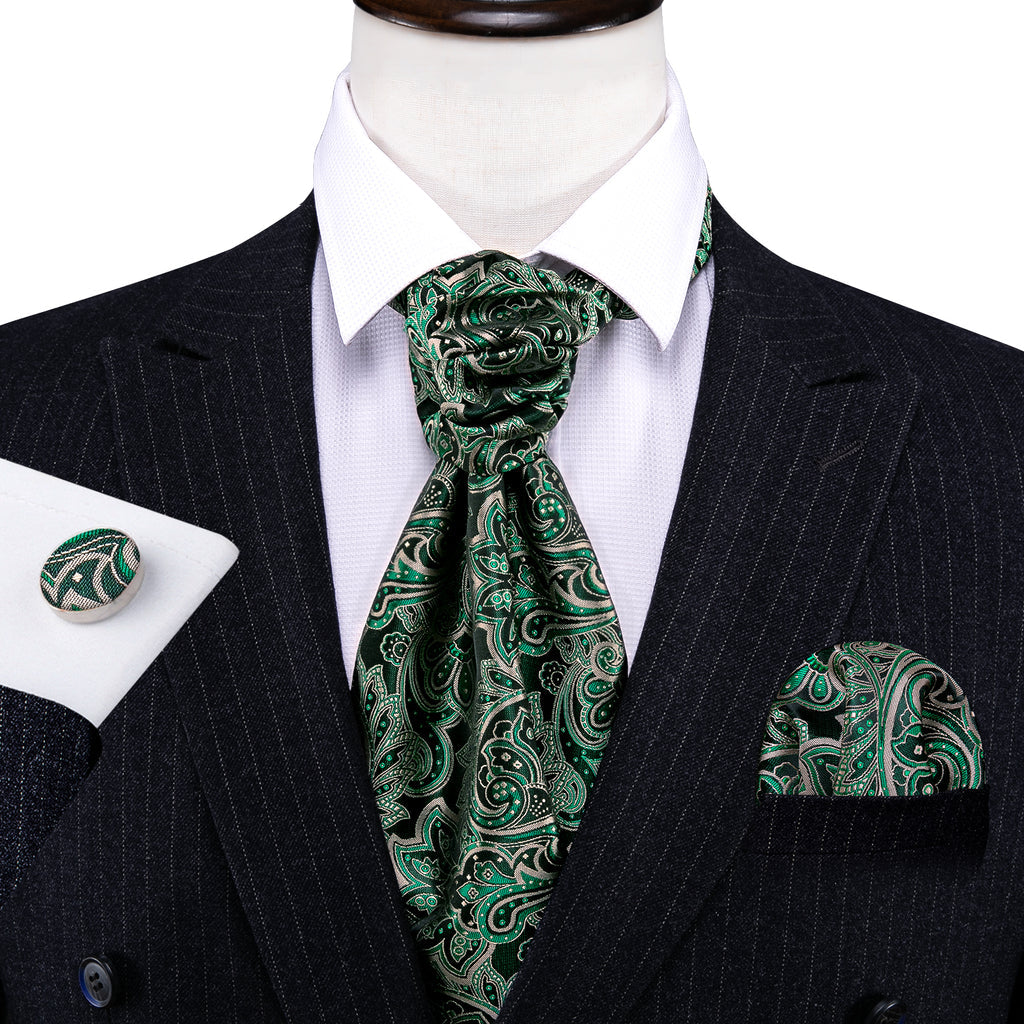 Green Novelty Paisley Ascot, Pocket Square and Cufflinks ascot - Sophisticated Gentlemen