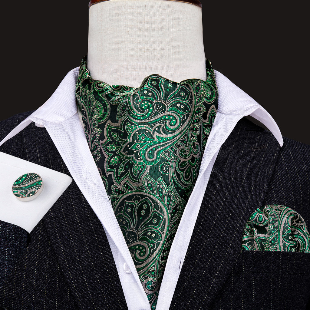 Green Novelty Paisley Ascot, Pocket Square and Cufflinks ascot - Sophisticated Gentlemen