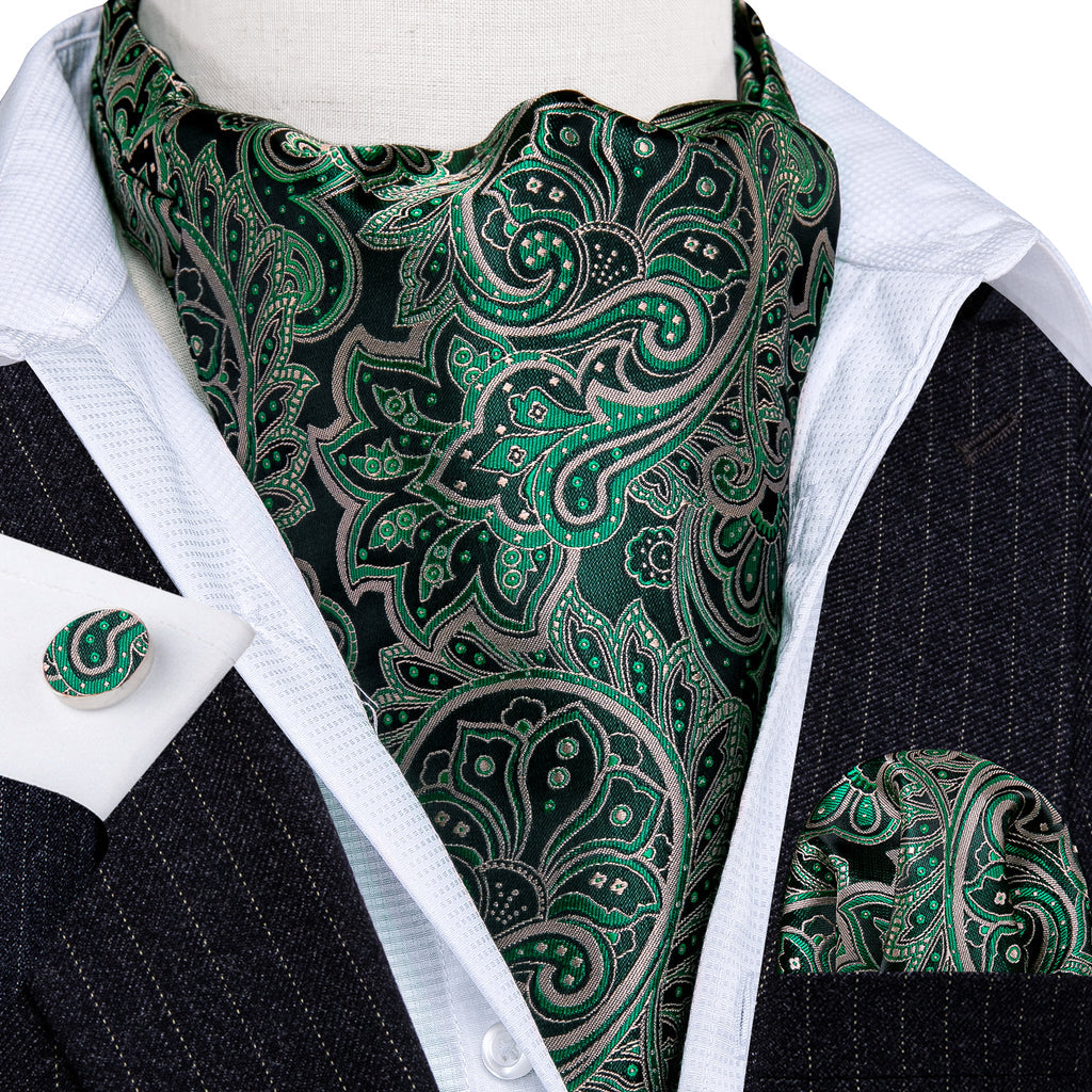 Green Novelty Paisley Ascot, Pocket Square and Cufflinks ascot - Sophisticated Gentlemen