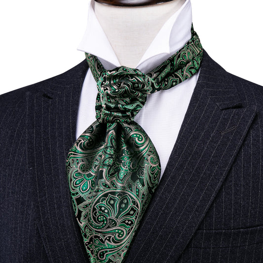 Green Novelty Paisley Ascot, Pocket Square and Cufflinks ascot    - Sophisticated Gentlemen