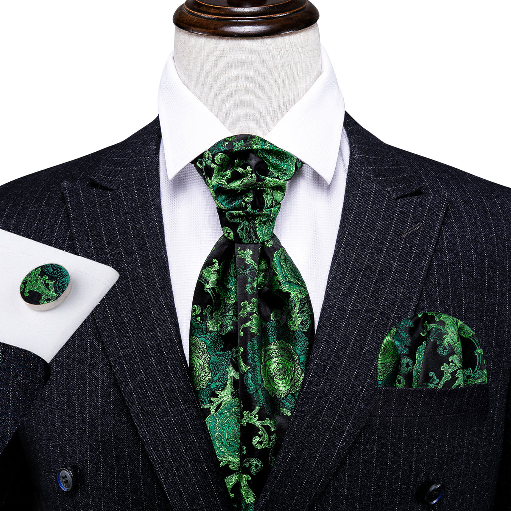 Green Black Floral Ascot, Pocket Square and Cufflinks ascot - Sophisticated Gentlemen