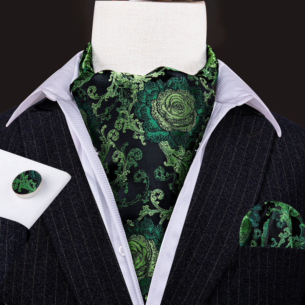 Green Black Floral Ascot, Pocket Square and Cufflinks ascot - Sophisticated Gentlemen