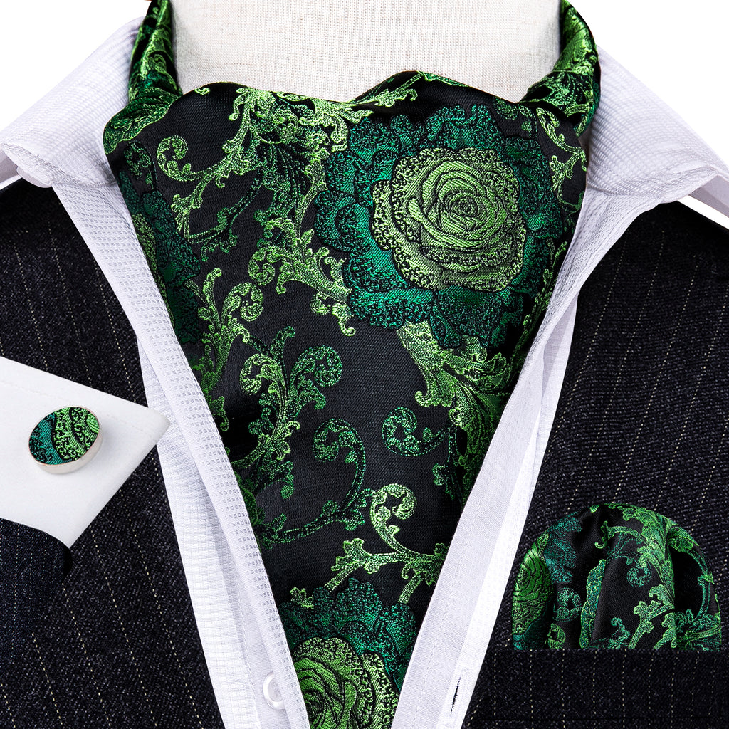 Green Black Floral Ascot, Pocket Square and Cufflinks ascot - Sophisticated Gentlemen