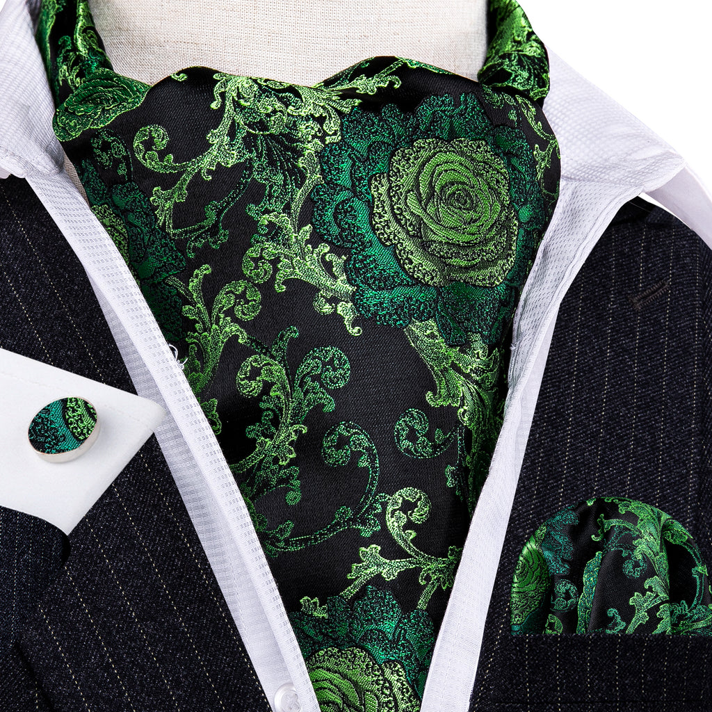 Green Black Floral Ascot, Pocket Square and Cufflinks ascot - Sophisticated Gentlemen