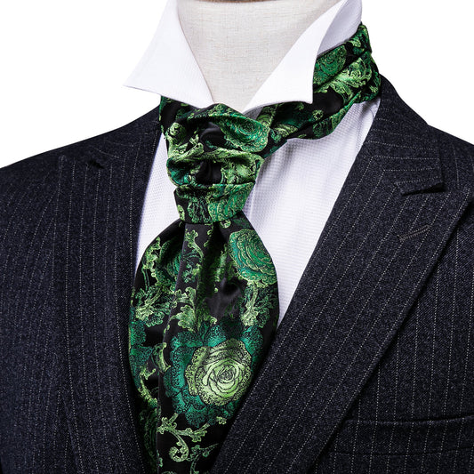 Green Black Floral Ascot, Pocket Square and Cufflinks ascot    - Sophisticated Gentlemen
