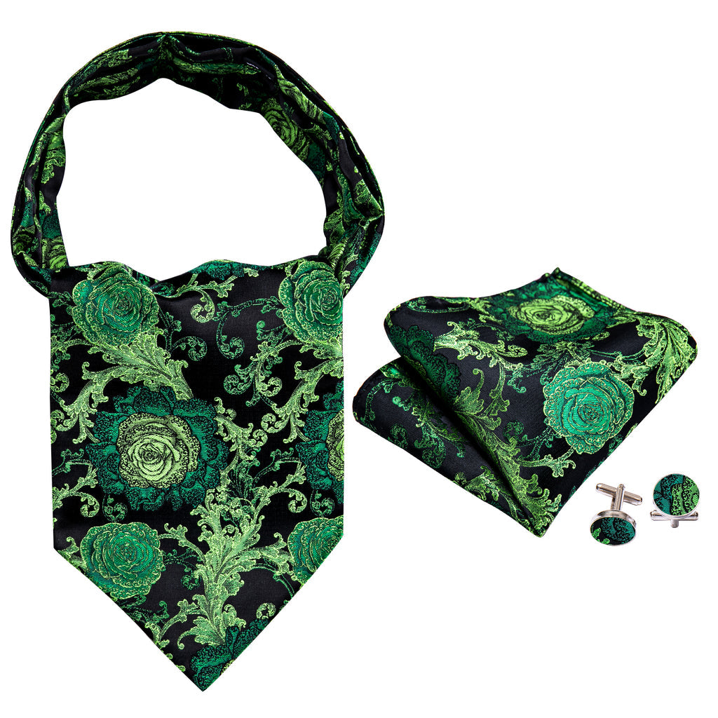Green Black Floral Ascot, Pocket Square and Cufflinks ascot - Sophisticated Gentlemen