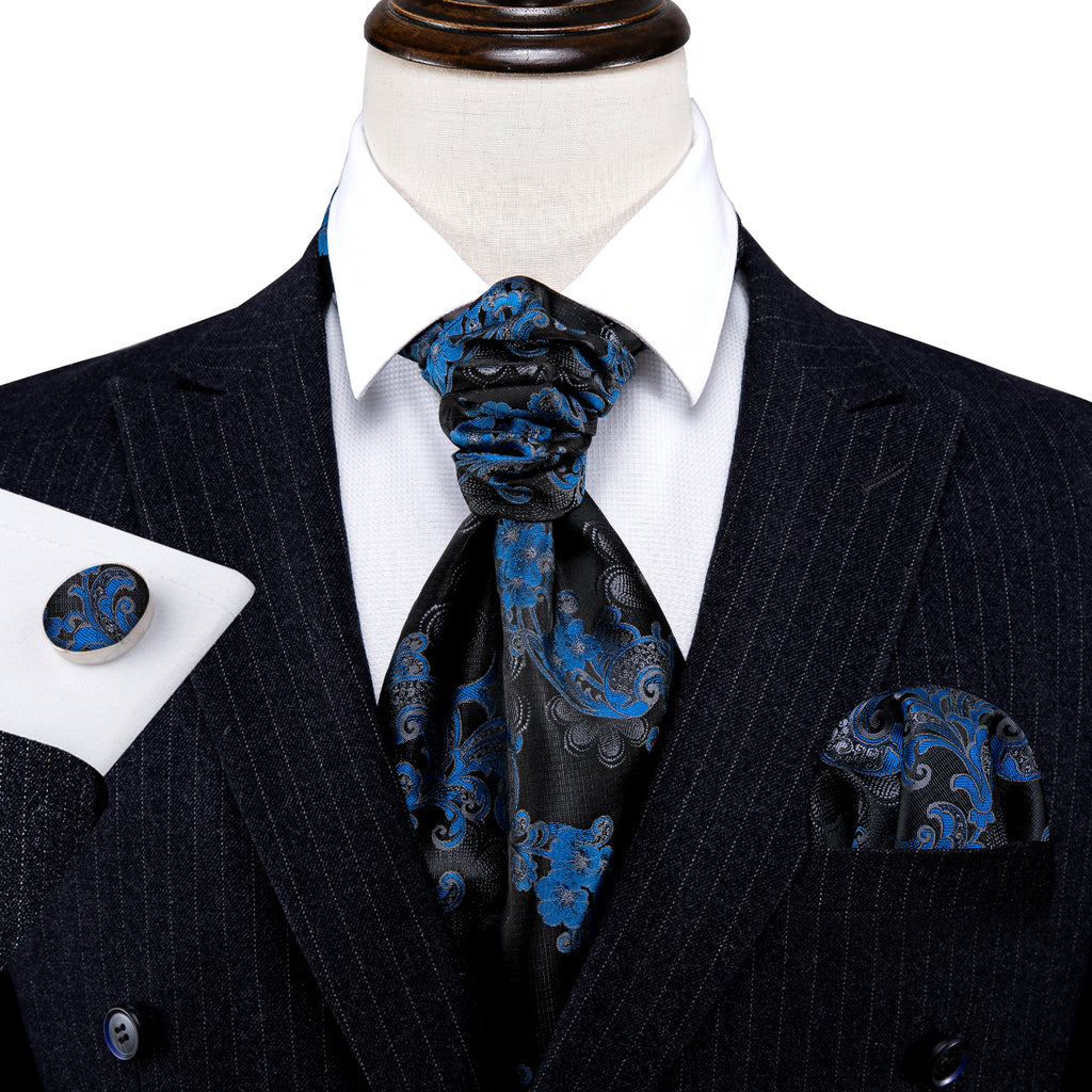 Black Blue Floral Ascot, Pocket Square and Cufflinks ascot - Sophisticated Gentlemen