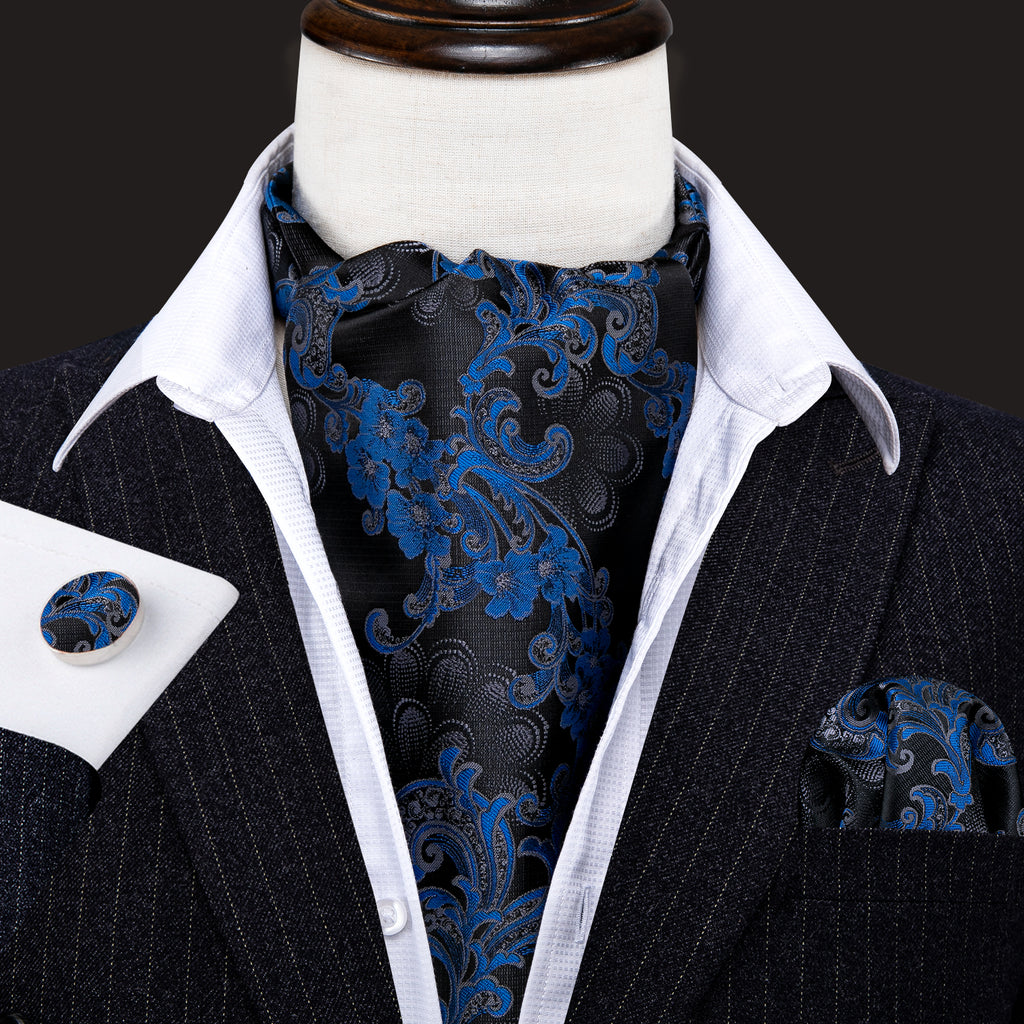 Black Blue Floral Ascot, Pocket Square and Cufflinks ascot - Sophisticated Gentlemen