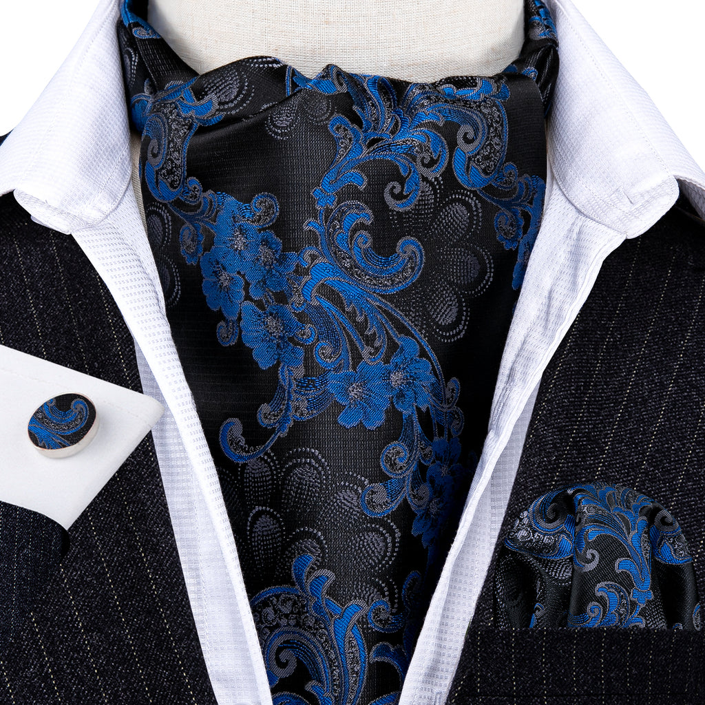 Black Blue Floral Ascot, Pocket Square and Cufflinks ascot - Sophisticated Gentlemen