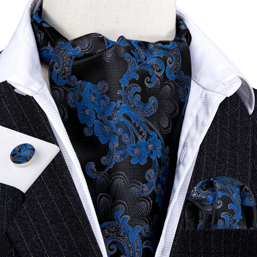 Black Blue Floral Ascot, Pocket Square and Cufflinks ascot - Sophisticated Gentlemen