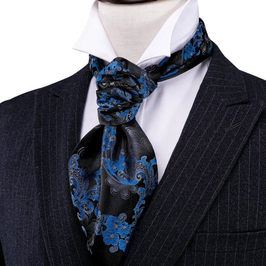 Black Blue Floral Ascot, Pocket Square and Cufflinks ascot    - Sophisticated Gentlemen