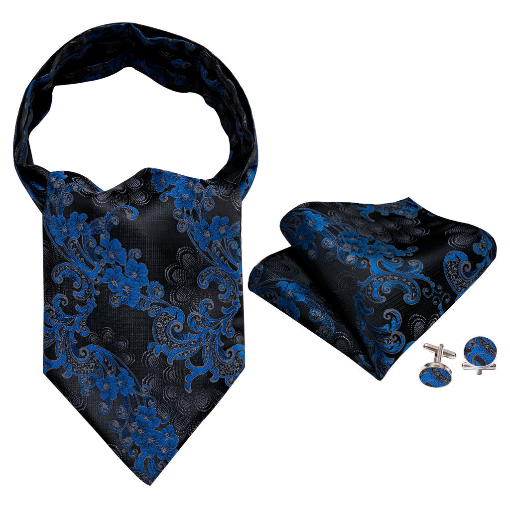 Black Blue Floral Ascot, Pocket Square and Cufflinks ascot - Sophisticated Gentlemen