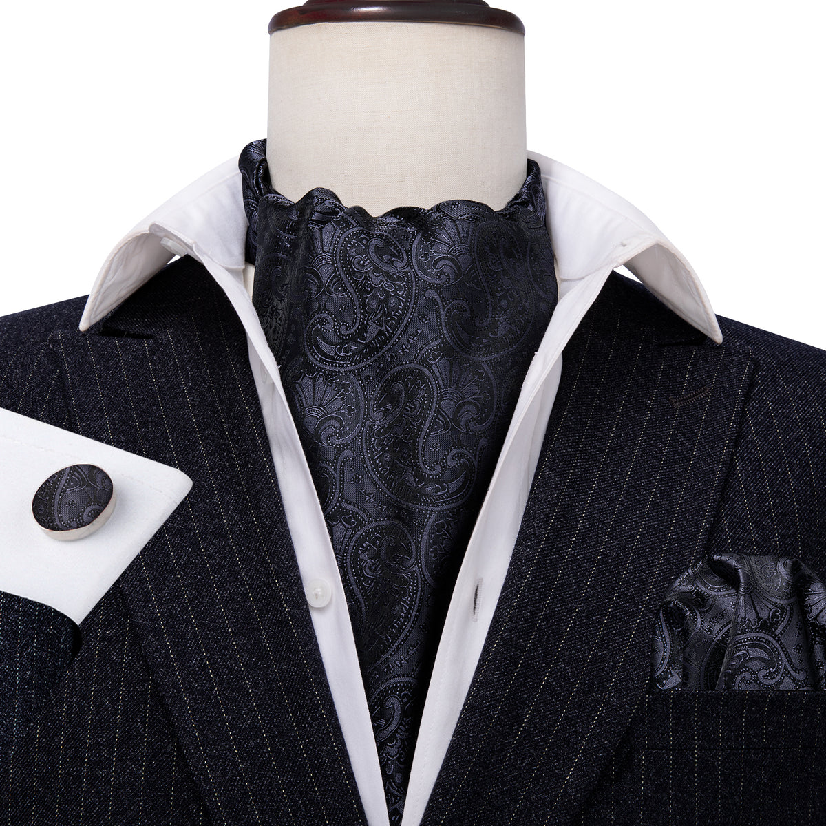 Black Floral Ascot, Pocket Square and Cufflinks ascot - Sophisticated Gentlemen