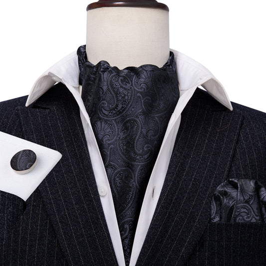 Black Floral Ascot, Pocket Square and Cufflinks ascot    - Sophisticated Gentlemen