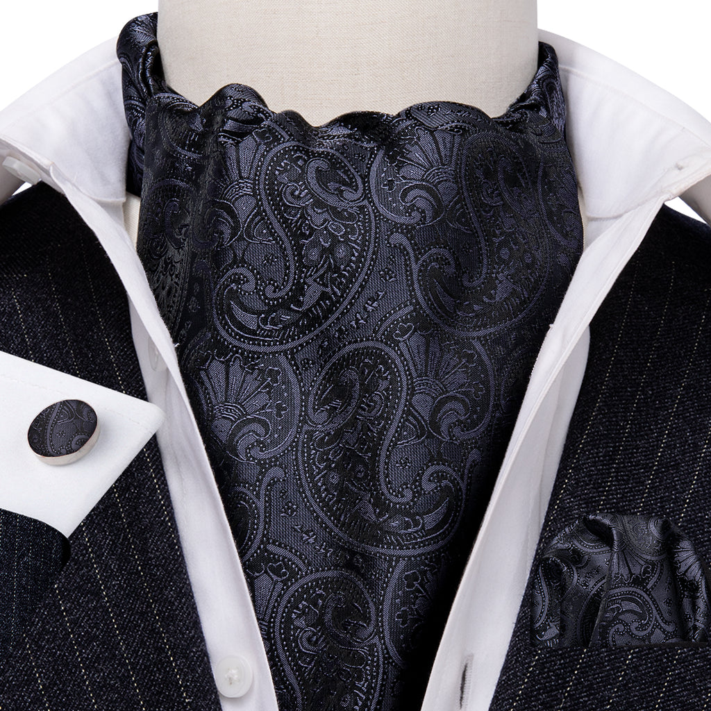 Black Floral Ascot, Pocket Square and Cufflinks ascot - Sophisticated Gentlemen