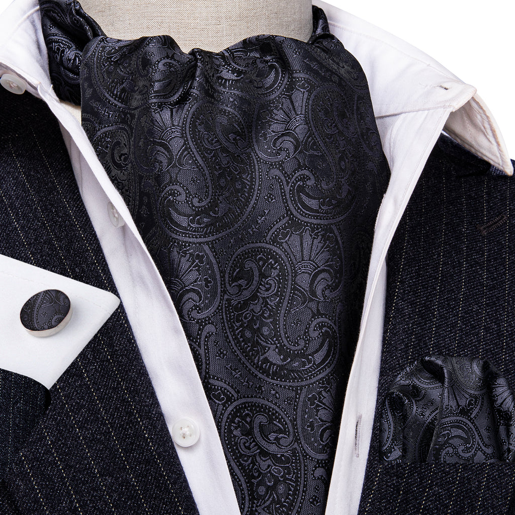 Black Floral Ascot, Pocket Square and Cufflinks ascot - Sophisticated Gentlemen
