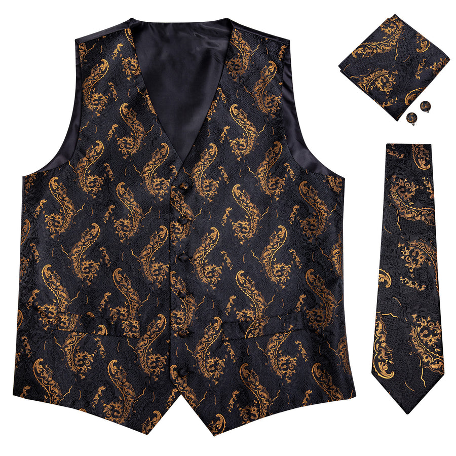 Black and Gold Floral Silk Vest Set vest set - Sophisticated Gentlemen