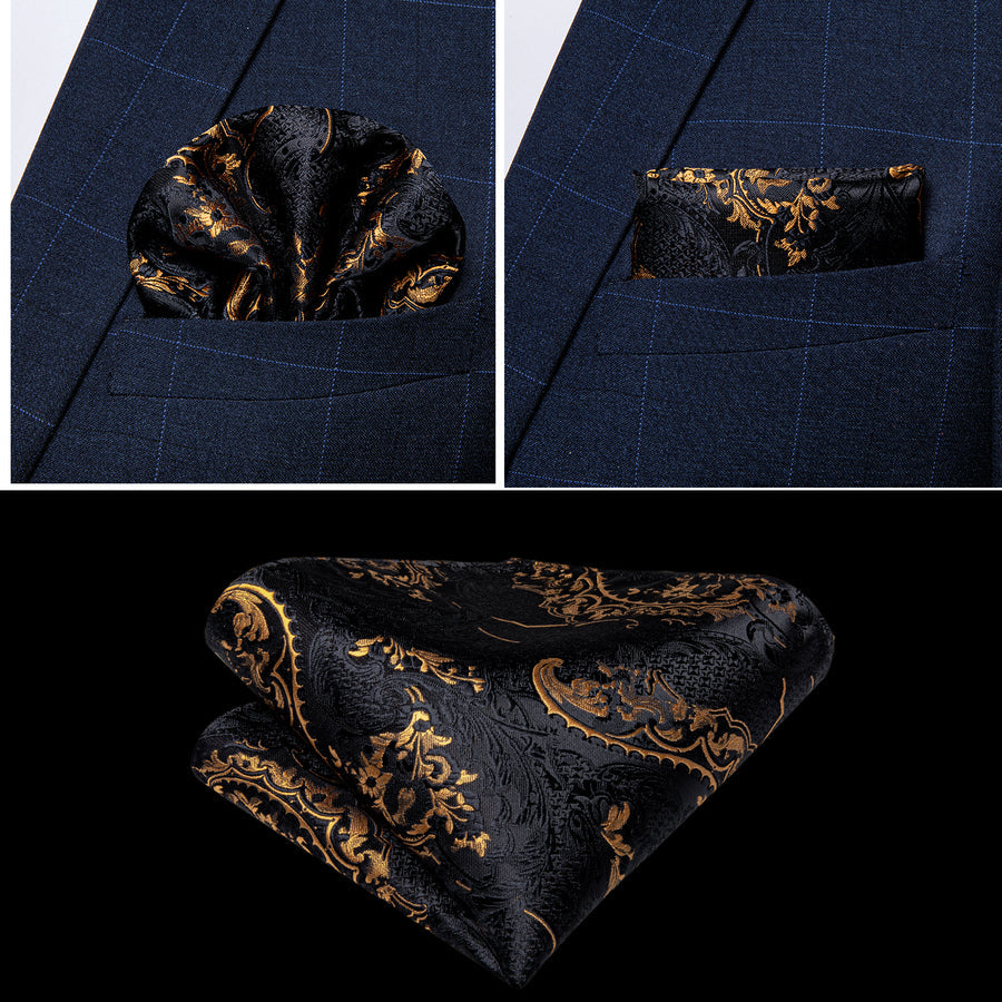 Black and Gold Floral Silk Vest Set vest set - Sophisticated Gentlemen