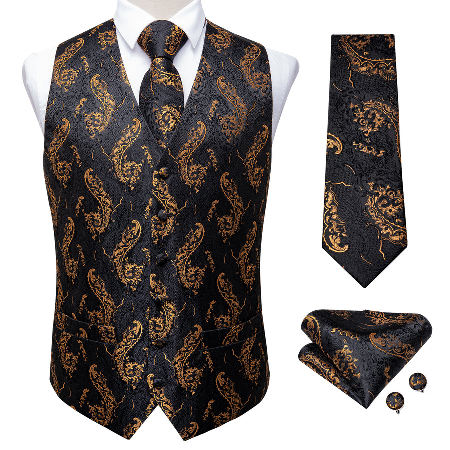 Black and Gold Floral Silk Vest Set vest set - Sophisticated Gentlemen