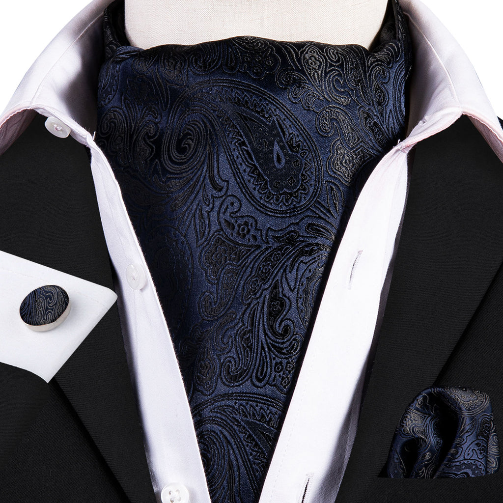 Black and Deep Blue Paisley Ascot, Pocket Square and Cufflinks ascot - Sophisticated Gentlemen