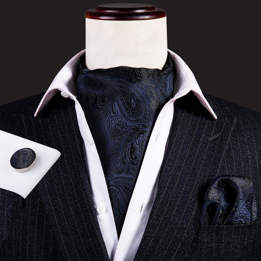Black and Deep Blue Paisley Ascot, Pocket Square and Cufflinks ascot - Sophisticated Gentlemen