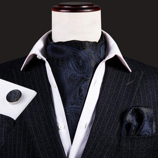 Black and Deep Blue Paisley Ascot, Pocket Square and Cufflinks ascot    - Sophisticated Gentlemen