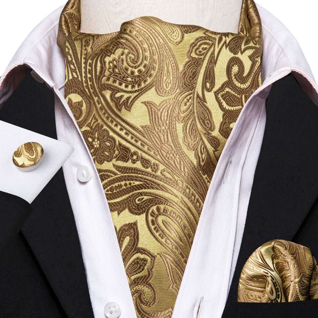Gold Brown Paisley Floral Ascot, Pocket Square and Cufflinks ascot - Sophisticated Gentlemen