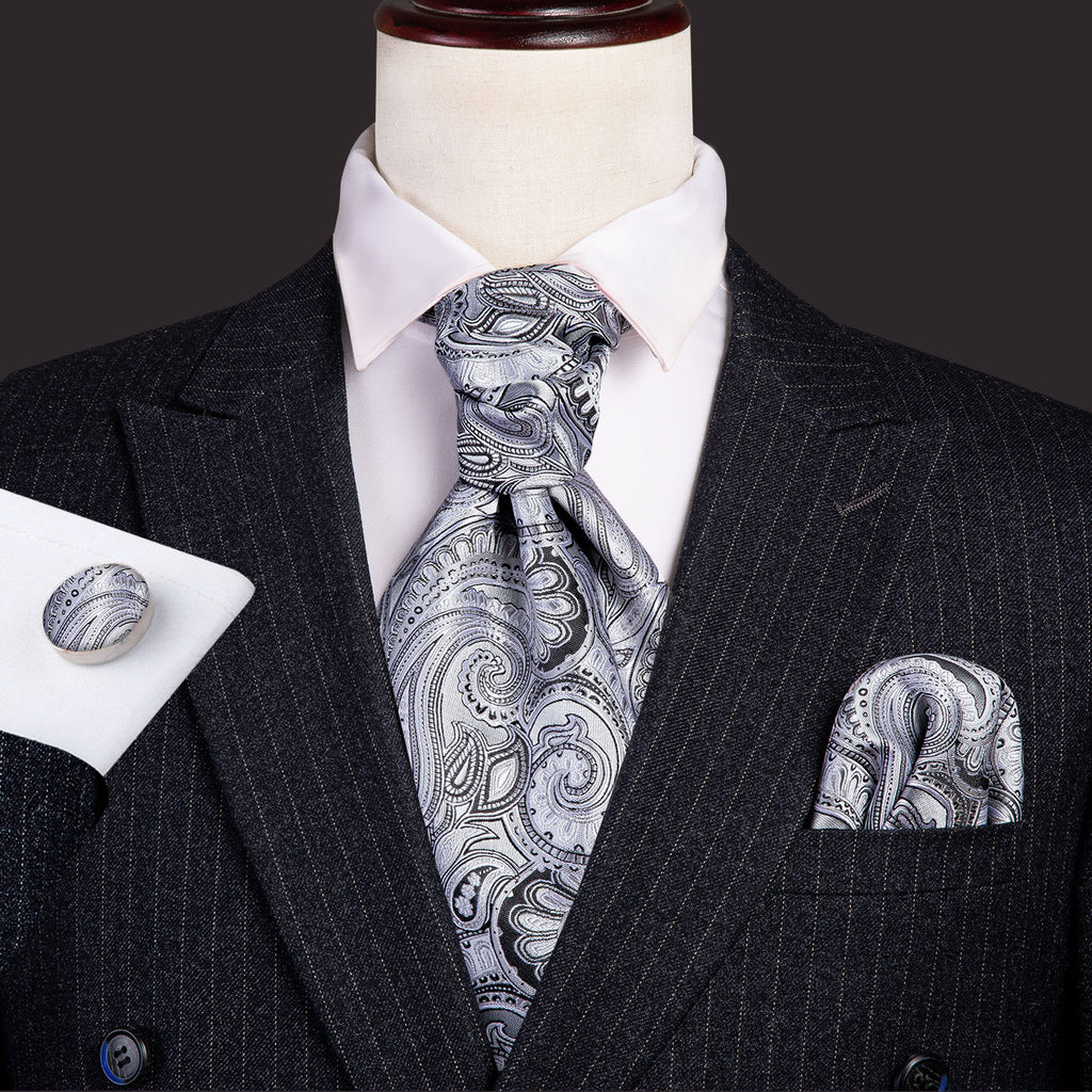 Silver Floral Ascot, Pocket Square and Cufflinks ascot - Sophisticated Gentlemen
