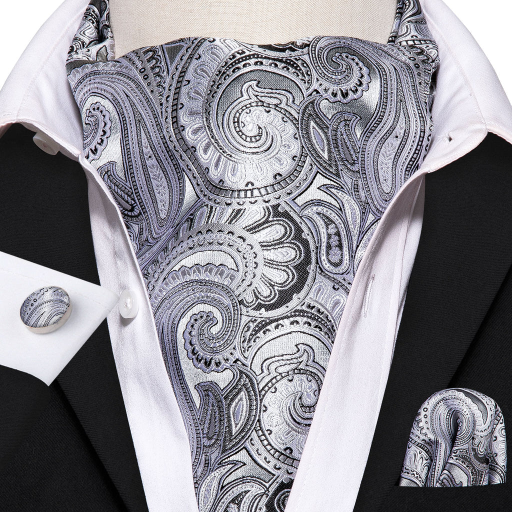 Silver Floral Ascot, Pocket Square and Cufflinks ascot - Sophisticated Gentlemen