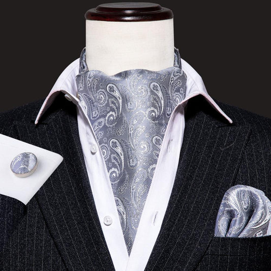 Silver Floral Ascot, Pocket Square and Cufflinks ascot    - Sophisticated Gentlemen