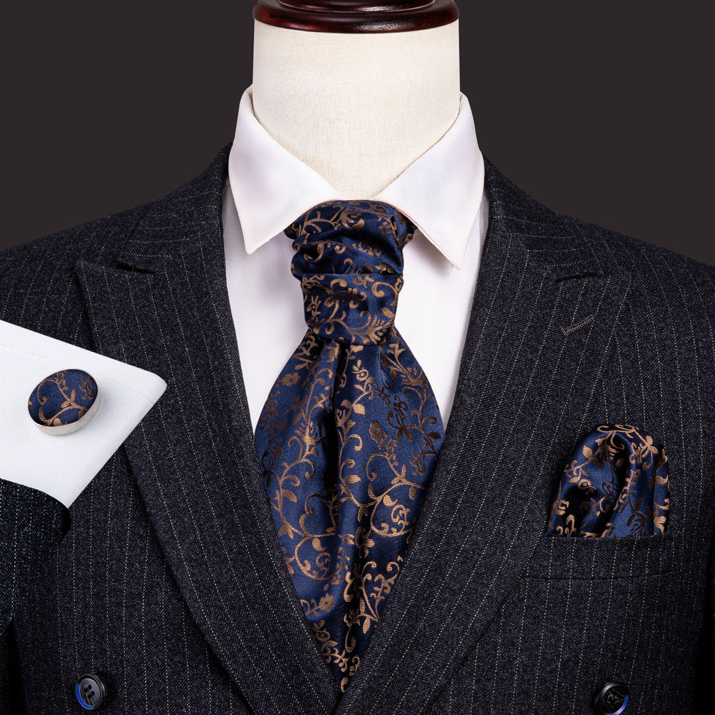 Black Golden Floral Ascot, Pocket Square and Cufflinks ascot - Sophisticated Gentlemen