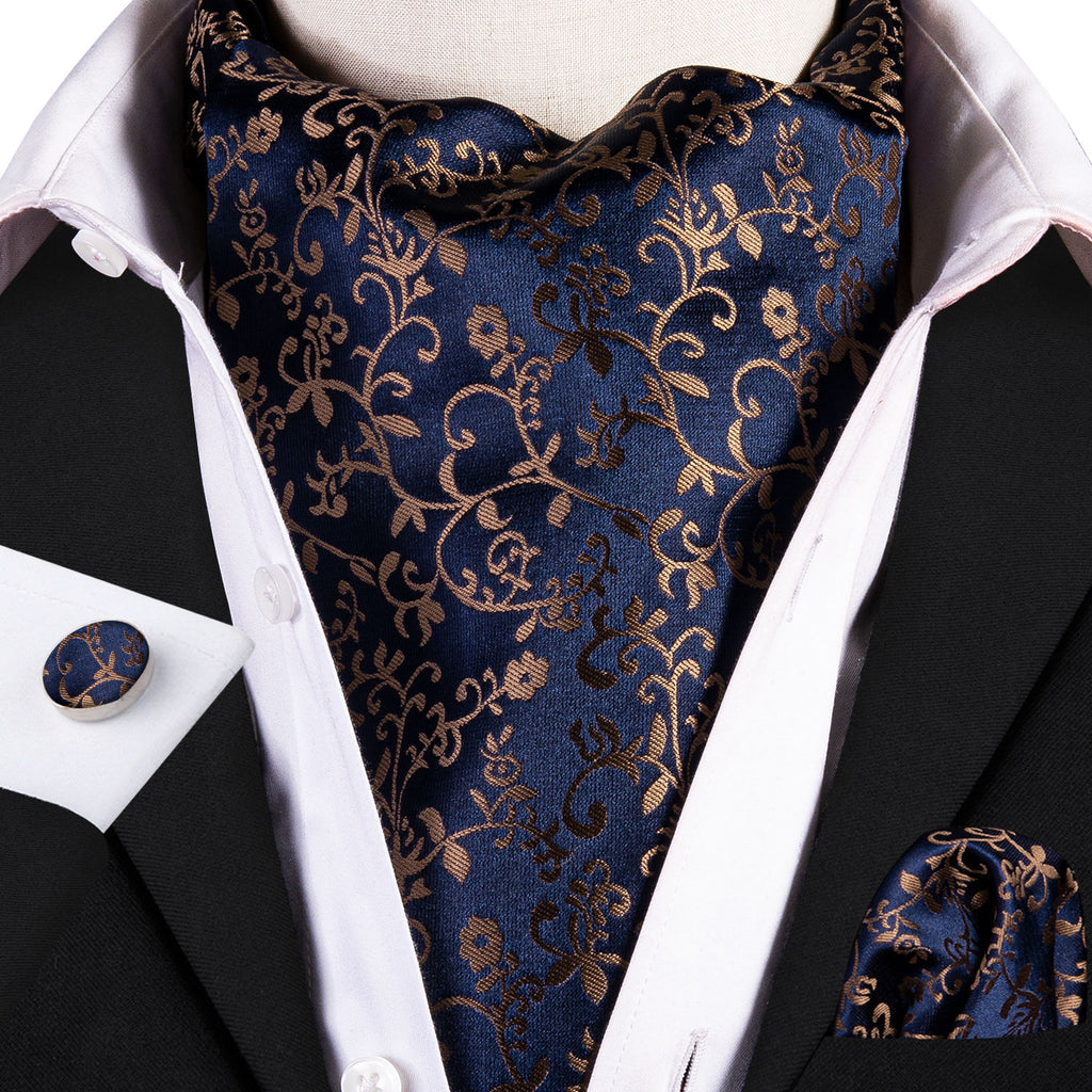 Black Golden Floral Ascot, Pocket Square and Cufflinks ascot - Sophisticated Gentlemen