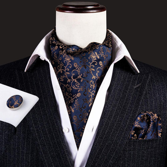 Black Golden Floral Ascot, Pocket Square and Cufflinks ascot    - Sophisticated Gentlemen