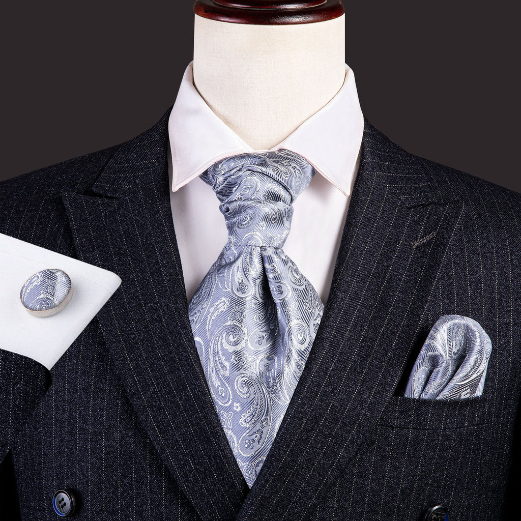Gray Paisley Ascot, Pocket Square and Cufflinks ascot - Sophisticated Gentlemen