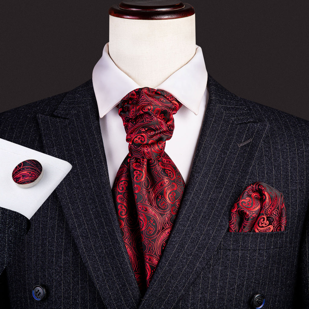 Red Paisley Ascot, Pocket Square and Cufflinks ascot - Sophisticated Gentlemen