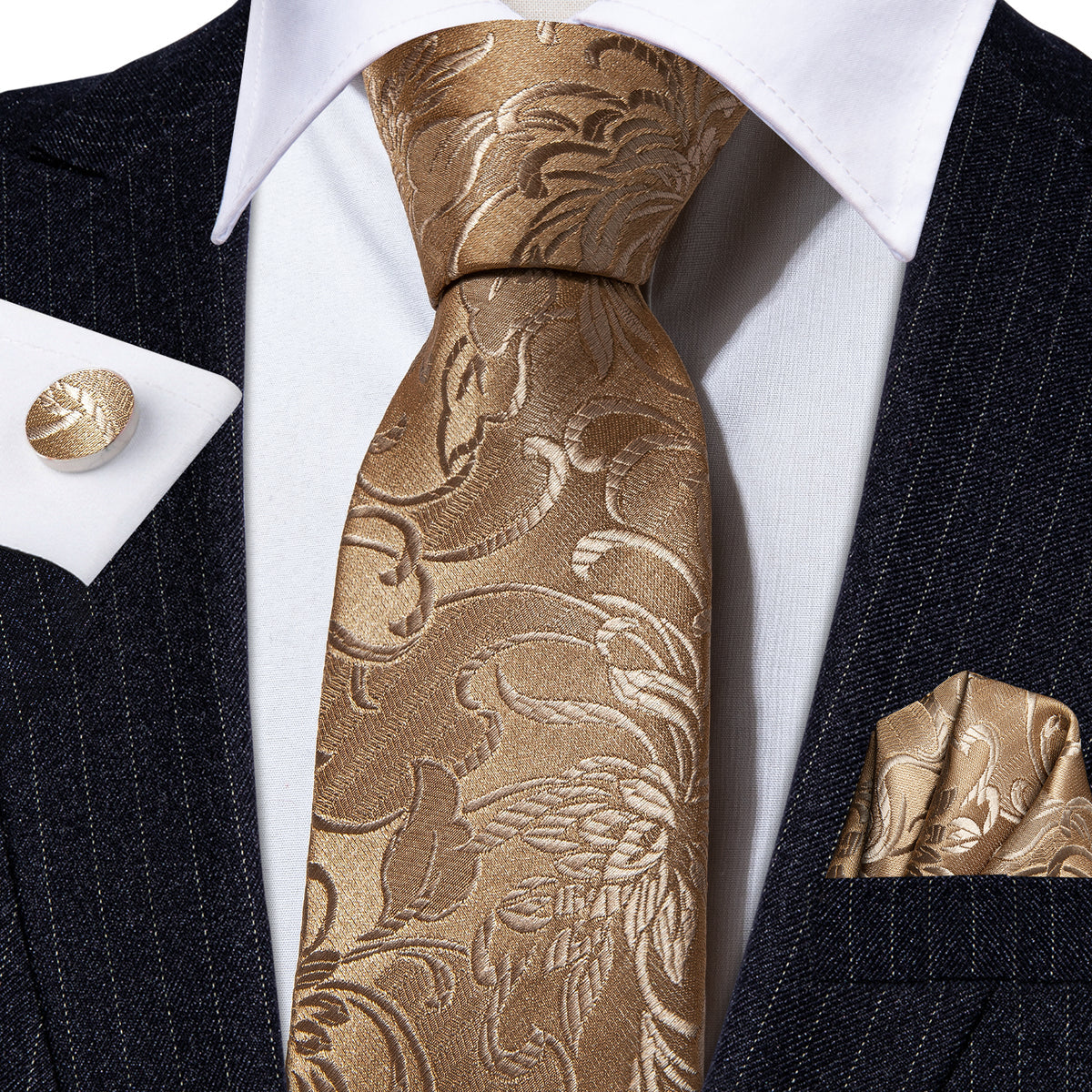 Champagne Gold Floral Silk Tie, Pocket Square & Cufflinks Set tie sets - Sophisticated Gentlemen
