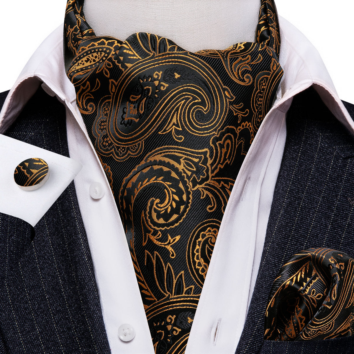 Black Golden Paisley Ascot, Pocket Square and Cufflinks ascot - Sophisticated Gentlemen