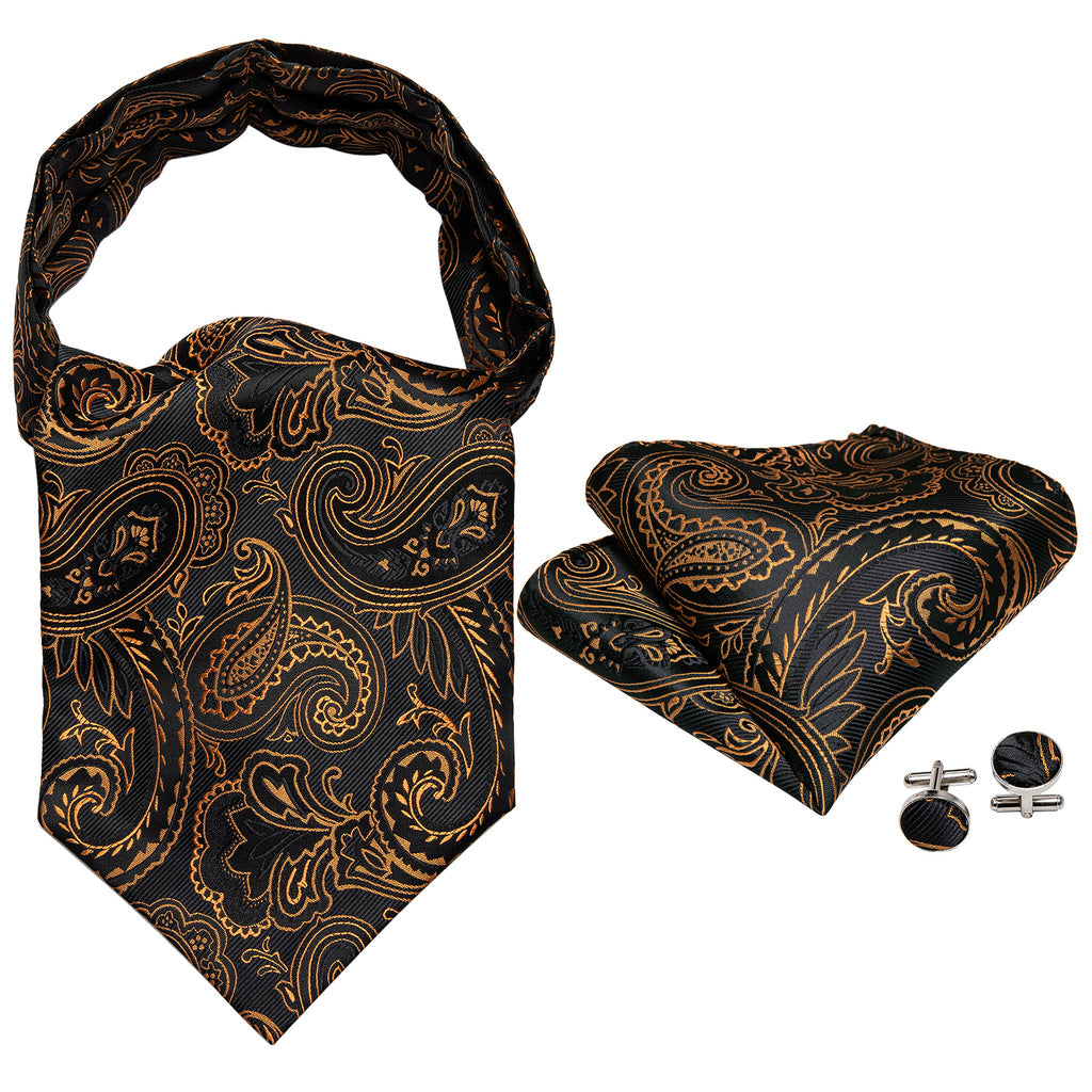 Black Golden Paisley Ascot, Pocket Square and Cufflinks ascot - Sophisticated Gentlemen