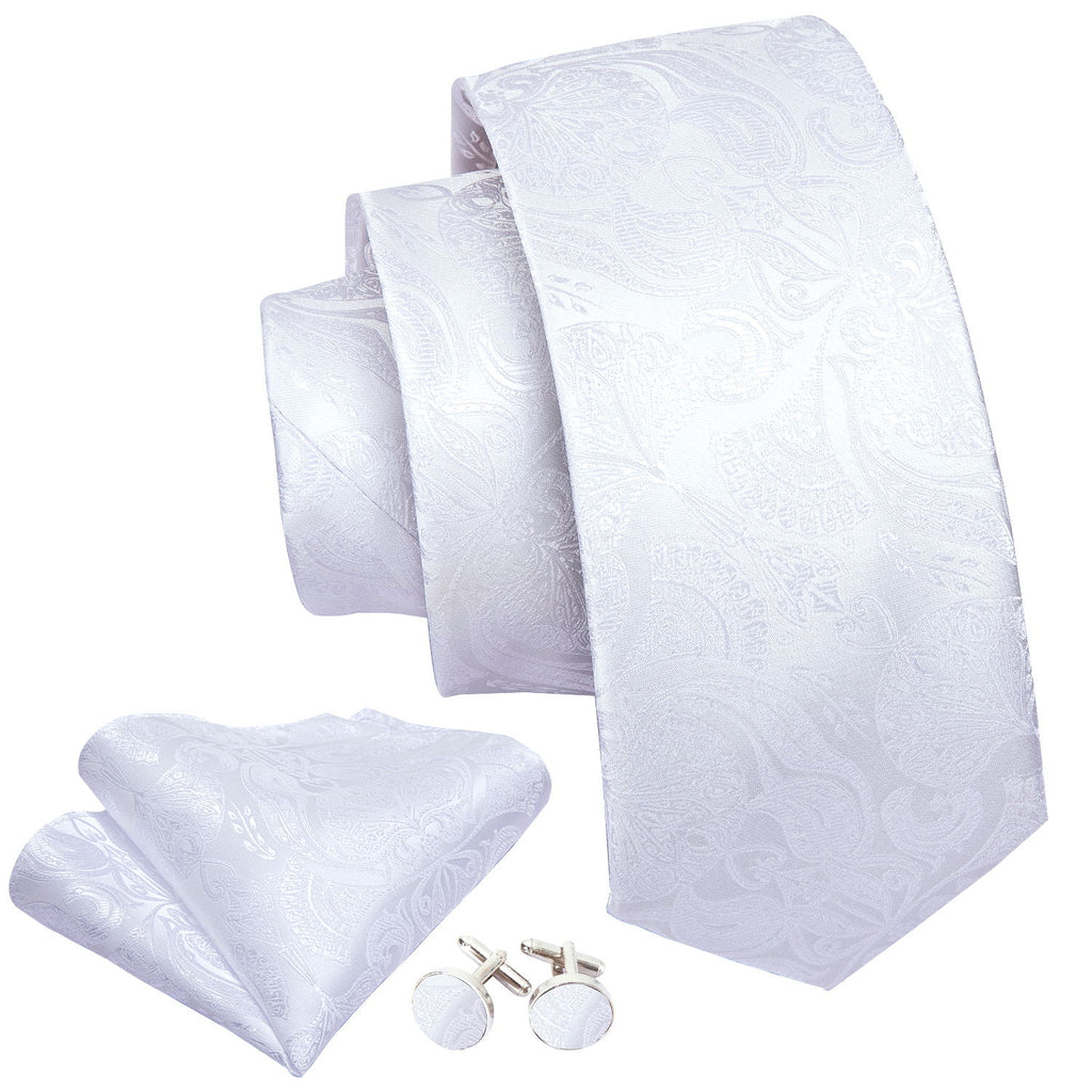 Ivory White Paisley Silk Tie, Pocket Square & Cufflinks Set tie sets - Sophisticated Gentlemen