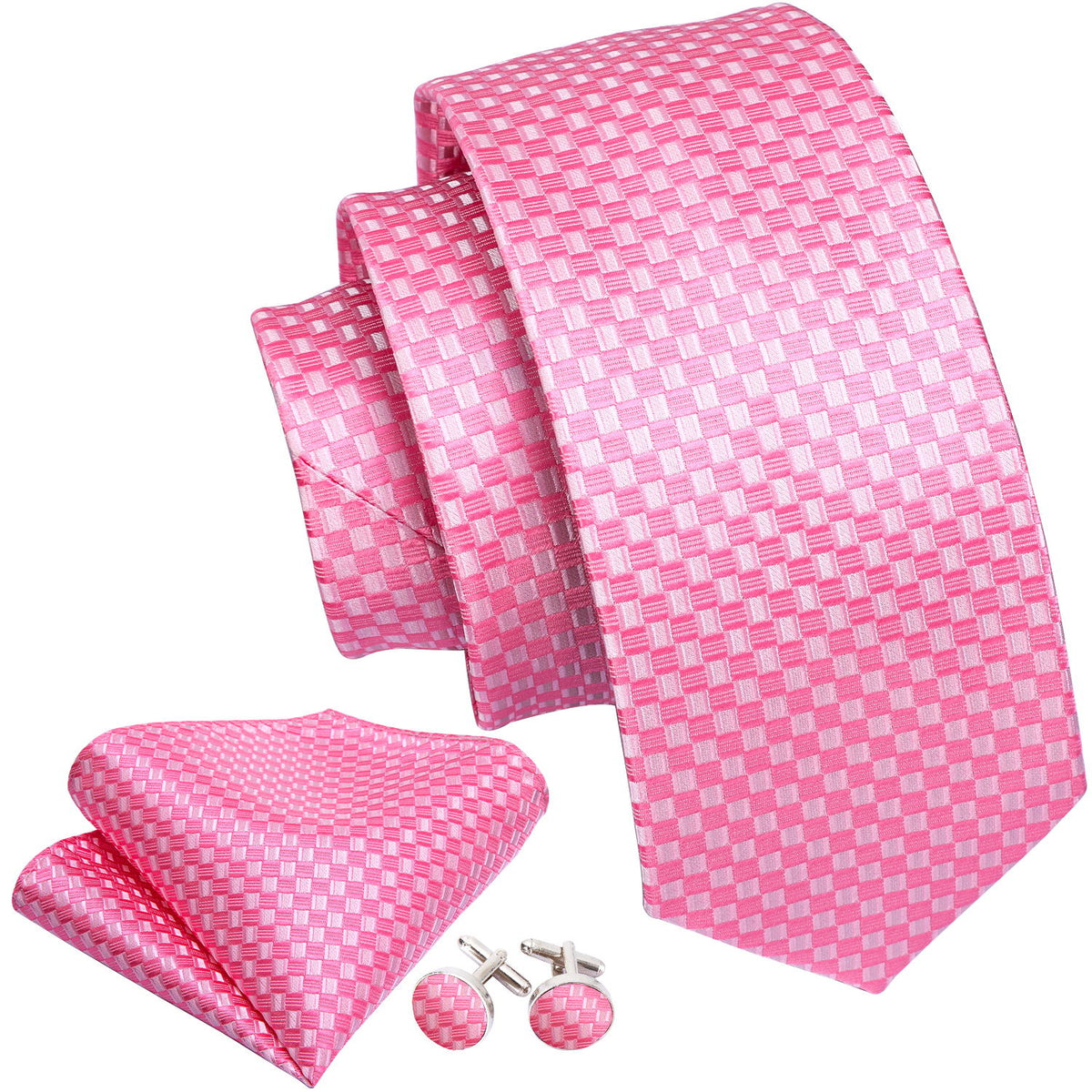 Pink Plaid Silk Tie, Pocket Square and Cufflinks Set tie sets - Sophisticated Gentlemen