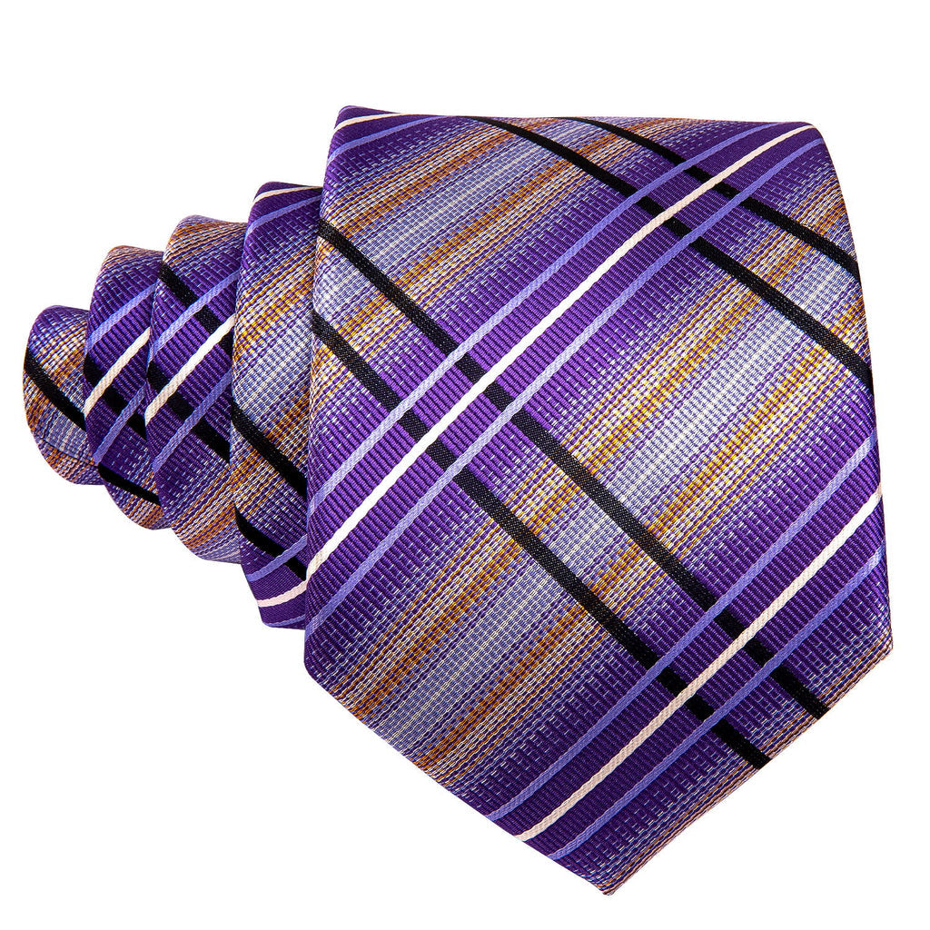 Purple Beige Striped Silk Tie, Pocket Square and Cufflinks Set tie sets - Sophisticated Gentlemen